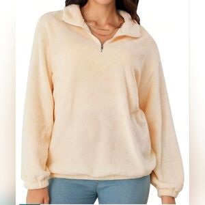 Ivory Fuzzy Fleece Quarter-Zip Oversized Pullover Sweatshirt - Size Small - NWT